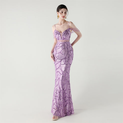 Graceful Sequin Embellished Mesh Mermaid Maxi Dress
